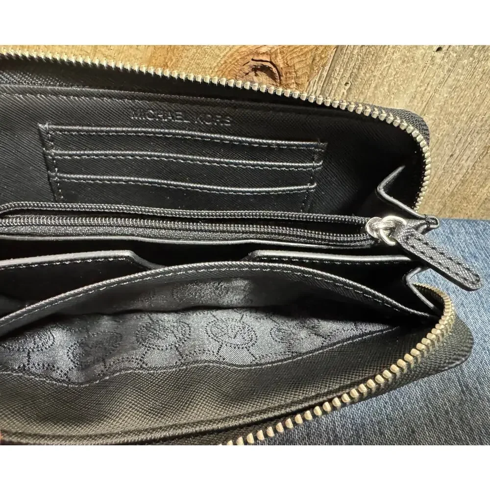 Black Michael Kors Jet Set Travel Continental Zip-Around Wallet Monogram Logo - Picture 6 of 8